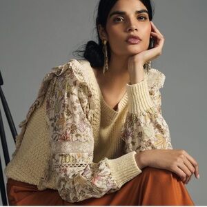 🆕 BY ANTHROPOLOGIE Printed-Sleeve Ruffle Sweater M